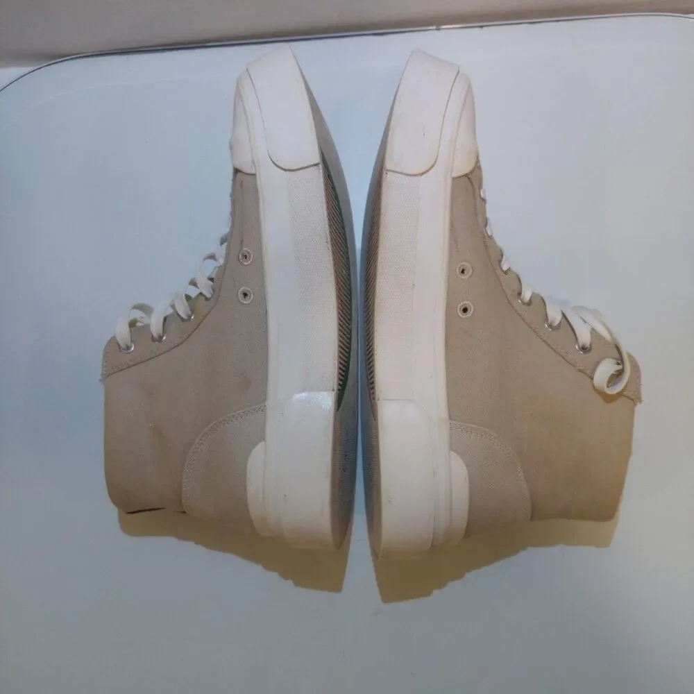 Limited H&M + GOOD NEWS Colab Navy/Sand Canvas Hightop Sneakers Women Sz 7 EU 39